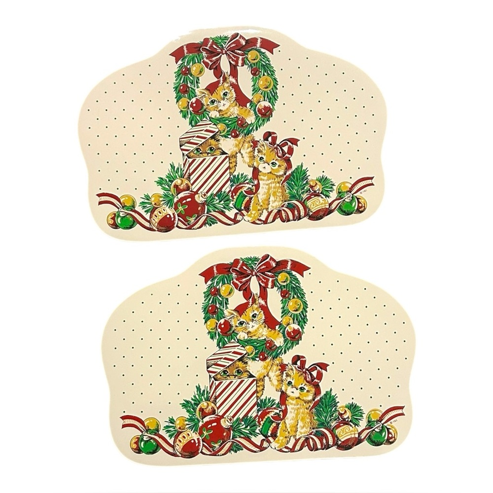 Set Of 2 NWT Vintage Vinyl Placemats 80s Christmas Cats Kitschy Kittens Dots